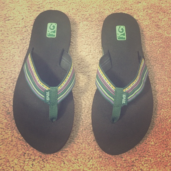 Green and pink flip flops