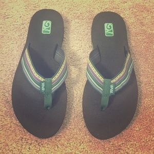 Green and pink flip flops