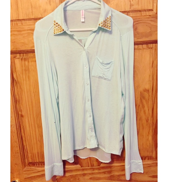 Light teal blouse with studded collar