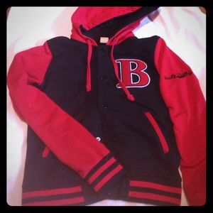 Red and black varsity jacket