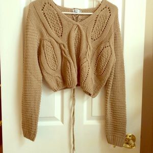 Tan cropped lace up sweater