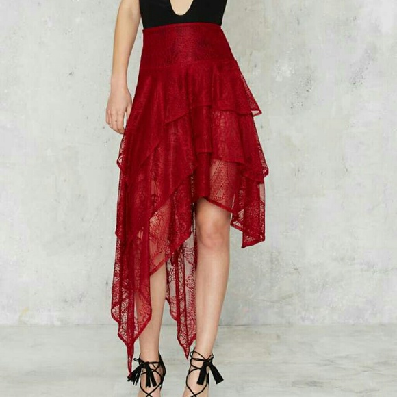 Nastygal red lace high waist asymmetrical skirt