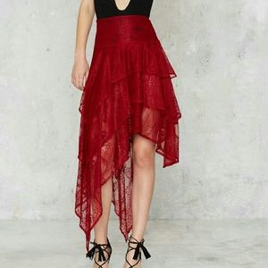 Nastygal red lace high waist asymmetrical skirt