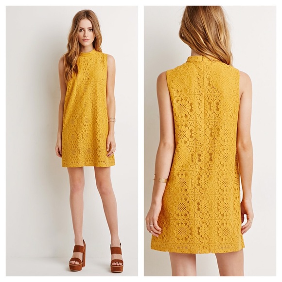 Mustard yellow embroidered lace dress size M