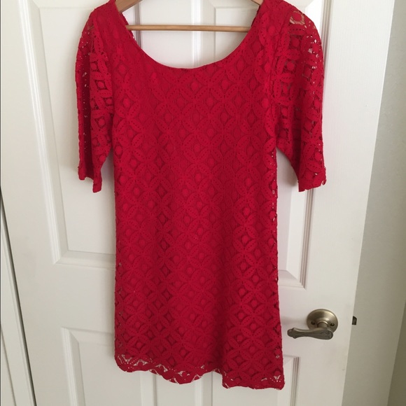 Red crochet lace shift dress