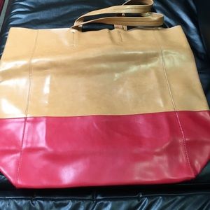 Red and tan leather tote Celine clone