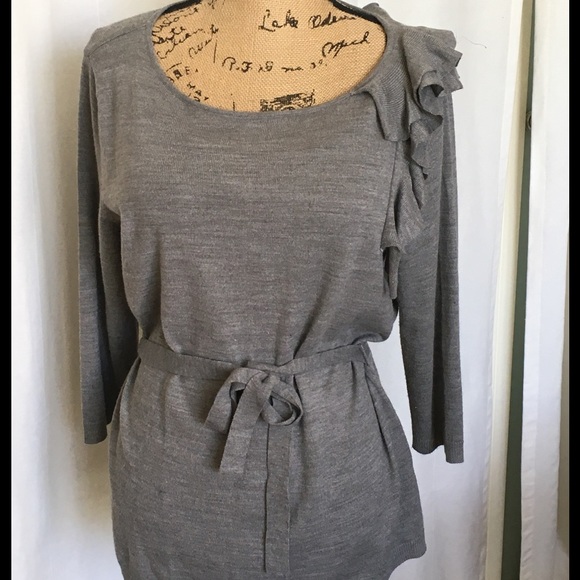 New York & Company Sweaters - NY&Co. Gray Belted Sweater with Ruffle Accent