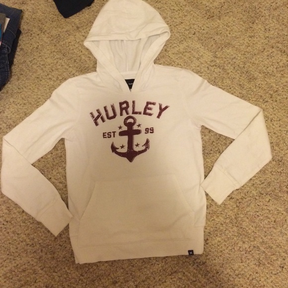 A white and maroon Hurley sweatshirt