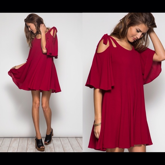 ❤️LAST-S❤️  Maroon Bow Shoulder Skater Dress - Picture 3 of 4