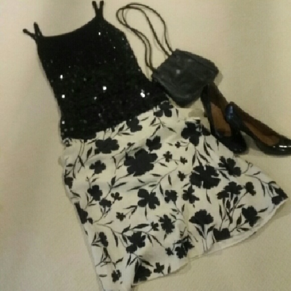 Sequined top, skirt, shoes, and handbag