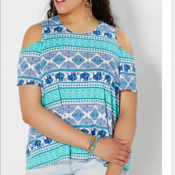 Plus Turquoise Folklore Cold Shoulder Flutter Top - Picture 2 of 3