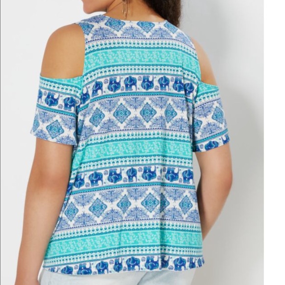 Plus Turquoise Folklore Cold Shoulder Flutter Top - Picture 3 of 3
