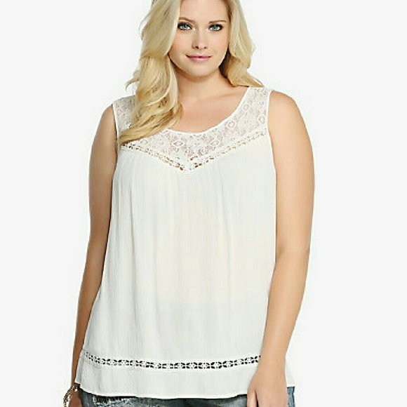 Torrid White gauze and crochet lace top