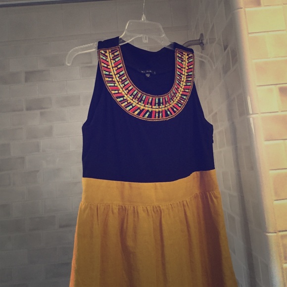 Black and mustard sleeveless linen cocktail dress