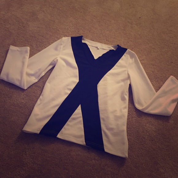 White Long Sleeve V Neck Shirt with Black "X"