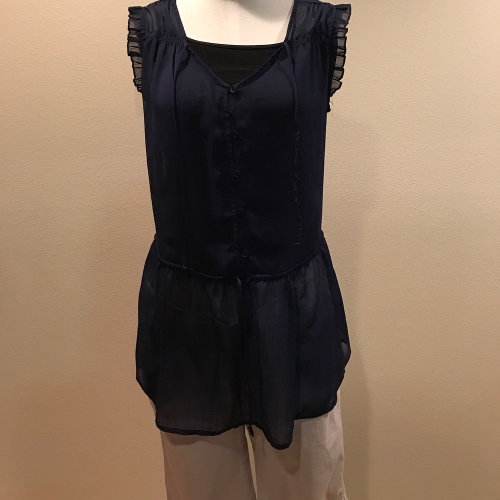 Navy sheer top with drawstring accent at waist