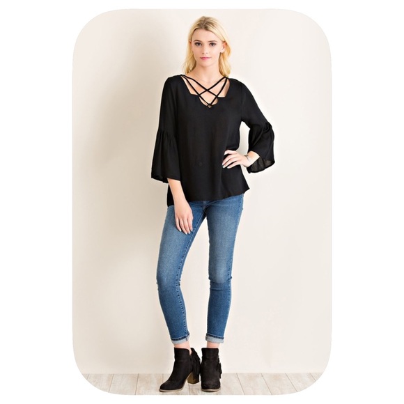 Strappy Neck Black Blouse - Picture 2 of 4