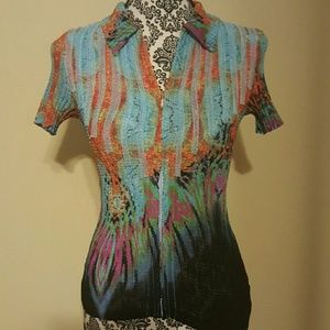 Light blue, navy, fushia, and burnt orange top