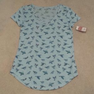 DISCOUNT Blue Bird Print V-Neck Tee