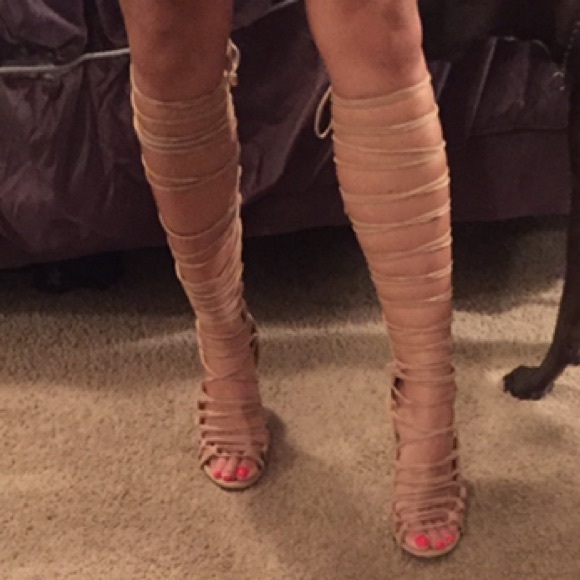 Strappy lace up suede heels