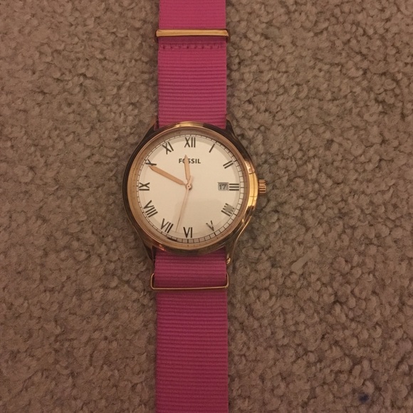 Pink Fossil nylon strap watch