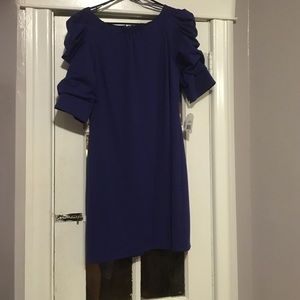 Blue ruched shoulder dress