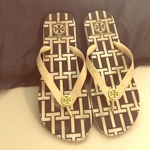 Brown and White Tory Burch Sandals