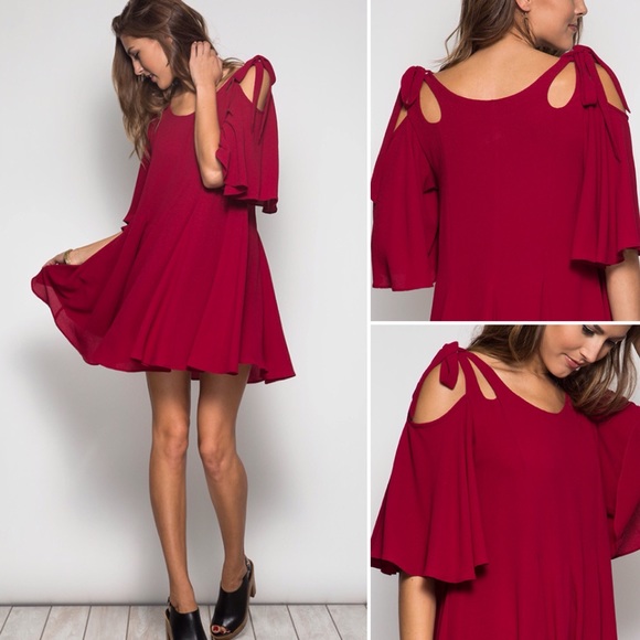❤️LAST-S❤️ Tie Bow Shoulder Maroon Flirty Dress - Picture 2 of 4