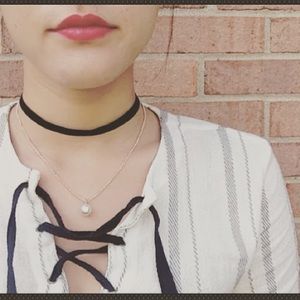 Velvet vegan suede choker double necklace pearl LF