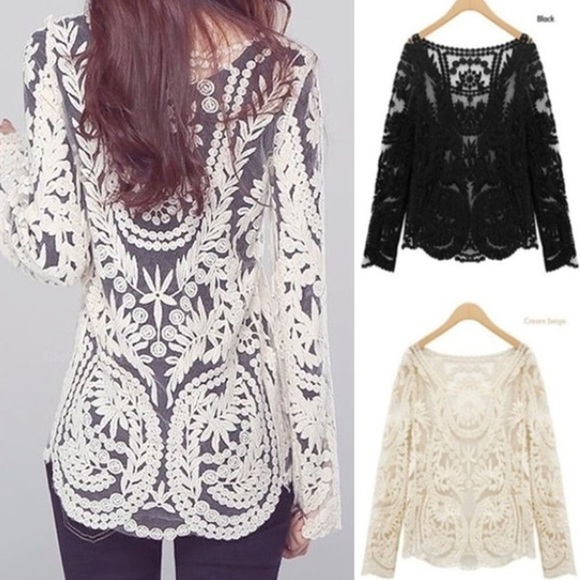 Tops - Black Crochet Lace Floral Top