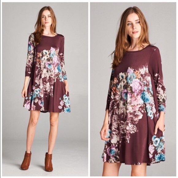 Burgundy Floral Tunic Dress - Picture 2 of 3