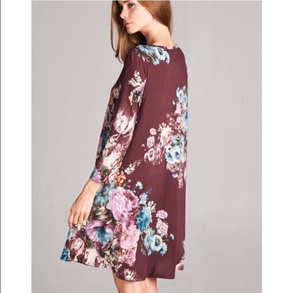 Burgundy Floral Tunic Dress - Picture 3 of 3
