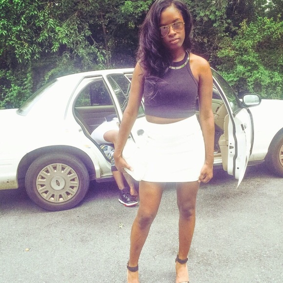 High waisted white leather skirt