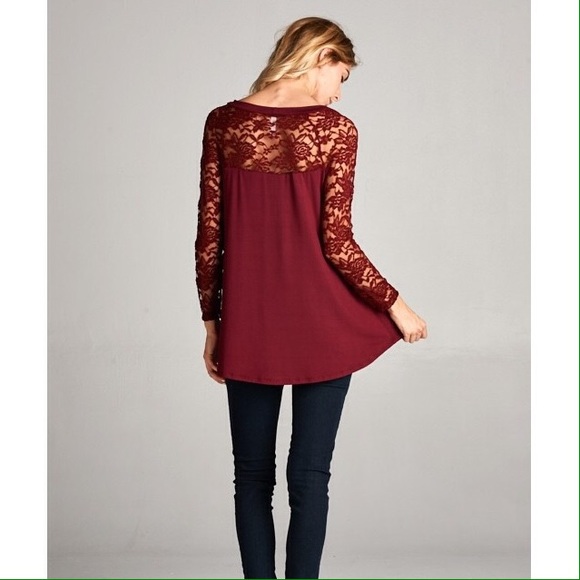 Burgundy Top with Lace Shoulders and Sleeves. - Picture 2 of 4
