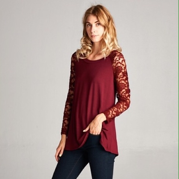 Burgundy Top with Lace Shoulders and Sleeves. - Picture 3 of 4