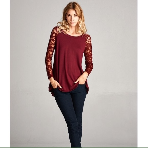 Burgundy Top with Lace Shoulders and Sleeves. - Picture 4 of 4