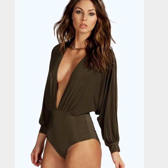 Amelia plunge slinky split sleeve bodysuit.