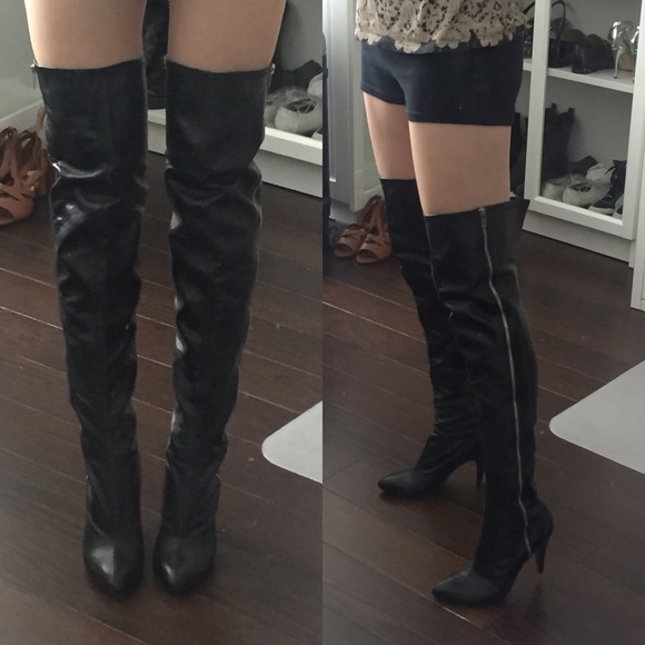 Black Napa leather thigh high boots