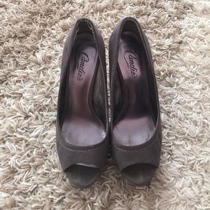 Grey peep toe heels