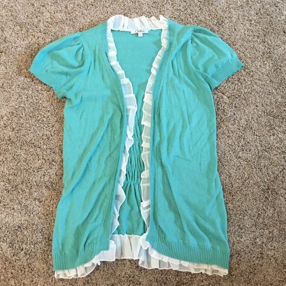 Fun, Short-Sleeve Teal Sweater with Ruffle Trim