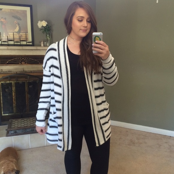 Better Be Sweaters - Black and White Striped Long Open Knit Cardigan
