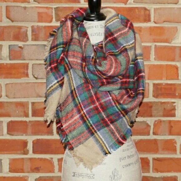 Plaid tartan blanket scarf wrap shawl red green - Picture 2 of 3