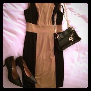 Tan and black sheath dress
