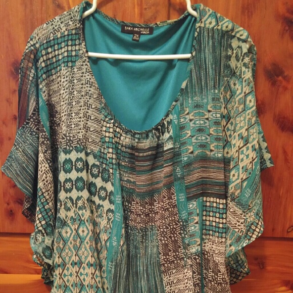 Teal Gray Black Elastic Waist Batwig Blouse