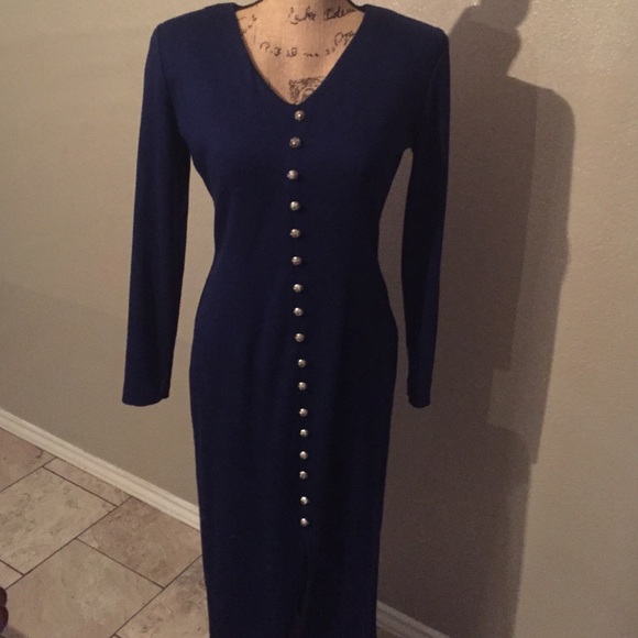 Long sleeve long blue dress with silver buttons
