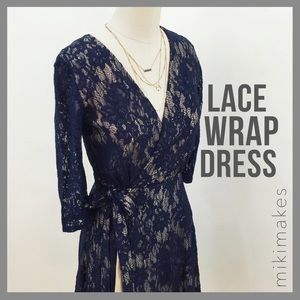 [ soprano ] NWT blue & nude lace wrap dress w/ tie