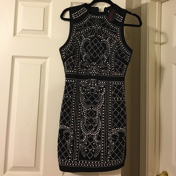 Black Iridescent Stones Quilted Mock Neck Dress