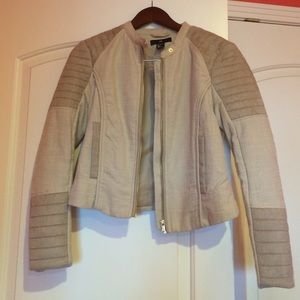 Cropped burlap and suede panel jacket