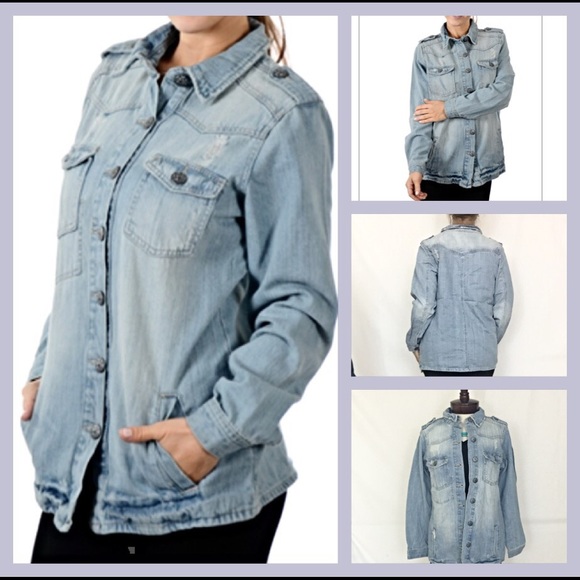 Light Wash distressed denim jean jacket Med - Picture 2 of 4