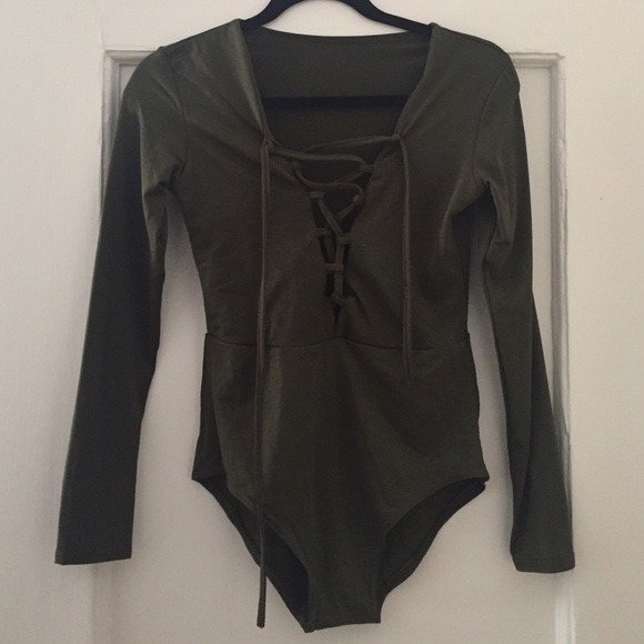 SOLD- NEW olive green stretch bodysuit onesie - Picture 4 of 4